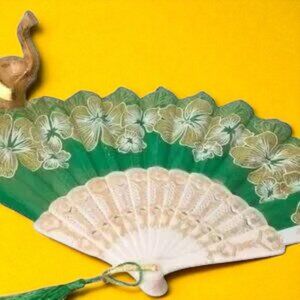 Green Fabric Foldable Fan with Glitter